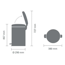 Load image into Gallery viewer, Brabantia New Icon Pedal Bin, 20 Liters - Matt Black, graphic with dimensions.
