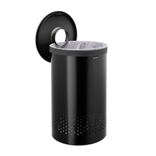 Load image into Gallery viewer, Brabantia Laundry Bin with Inner Removable Bag - 60 Liters, Matt Black, side view with open lid.
