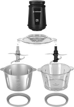 Load image into Gallery viewer, Nutricook Glass &amp; Stainless Steel XXL Chopper &amp; Mincer - 2 Liters, Black, all parts.
