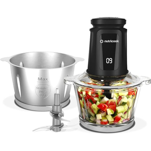 Nutricook Glass & Stainless Steel XXL Chopper & Mincer - 2 Liters, Black, front view.