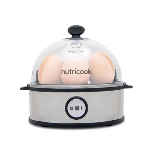 Nutricook Rapid Egg Cooker: 7 Egg Capacity with Auto Shut Off Feature, Silver, front view.