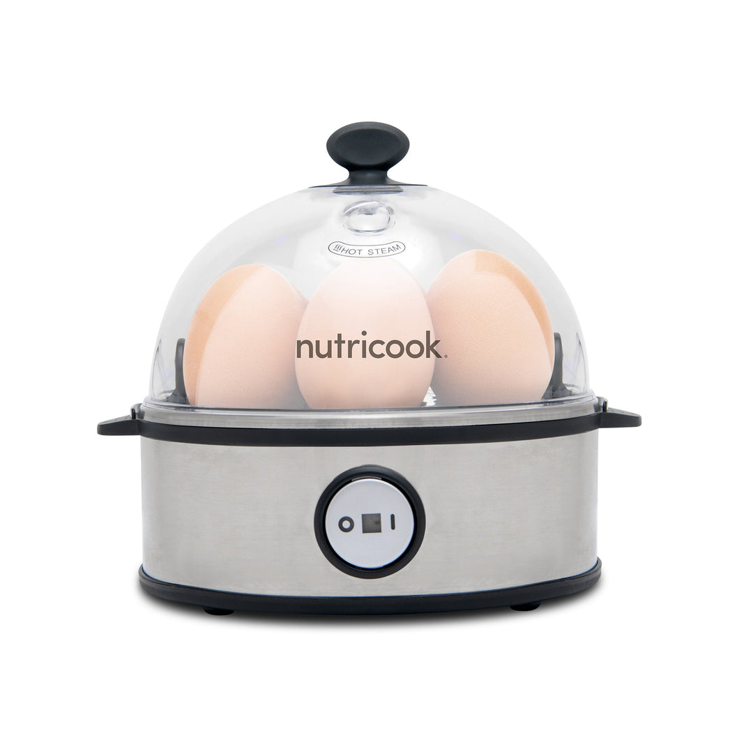 Nutricook Rapid Egg Cooker: 7 Egg Capacity with Auto Shut Off Feature, Silver, front view.