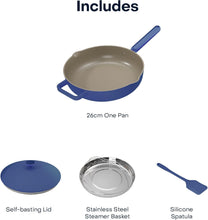 Load image into Gallery viewer, what&#39;s in the box for: Nutricook One Pan Cast Aluminum + Self-Basting Lid + Steamer Basket + Silicone Spatula - Non-Stick Ceramic Coating, 26cm.
