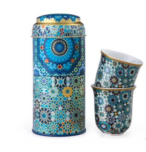 Images D'orient 2 Level Tin Box with 2 Coffee Cups, 90ml - Moucharabieh Blue.