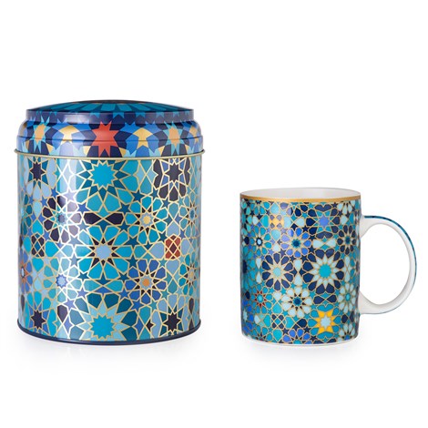 Images D'orient Large Tin Box with 1 Mug, 325ml - Moucharabieh Blue.