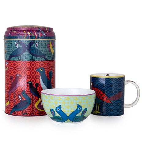 Images D'orient Large 2 Level Tin Box with 1 Mug (325ml) & 1 Bowl (12cm) - Birds of Paradise.