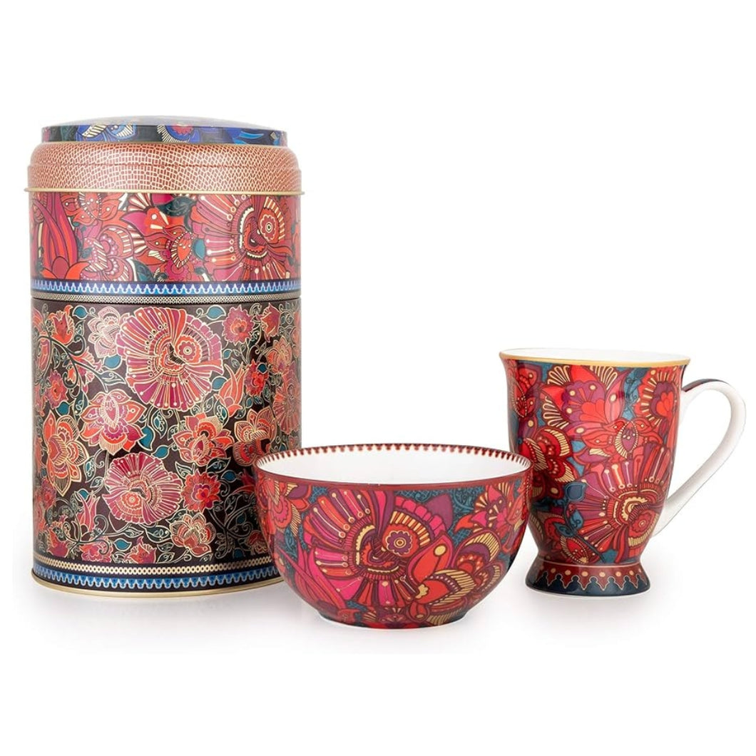 Images D'orient Large 2 Level Tin Box with 1 Mug (250ml) & 1 Bowl (12cm) - Kashmir.