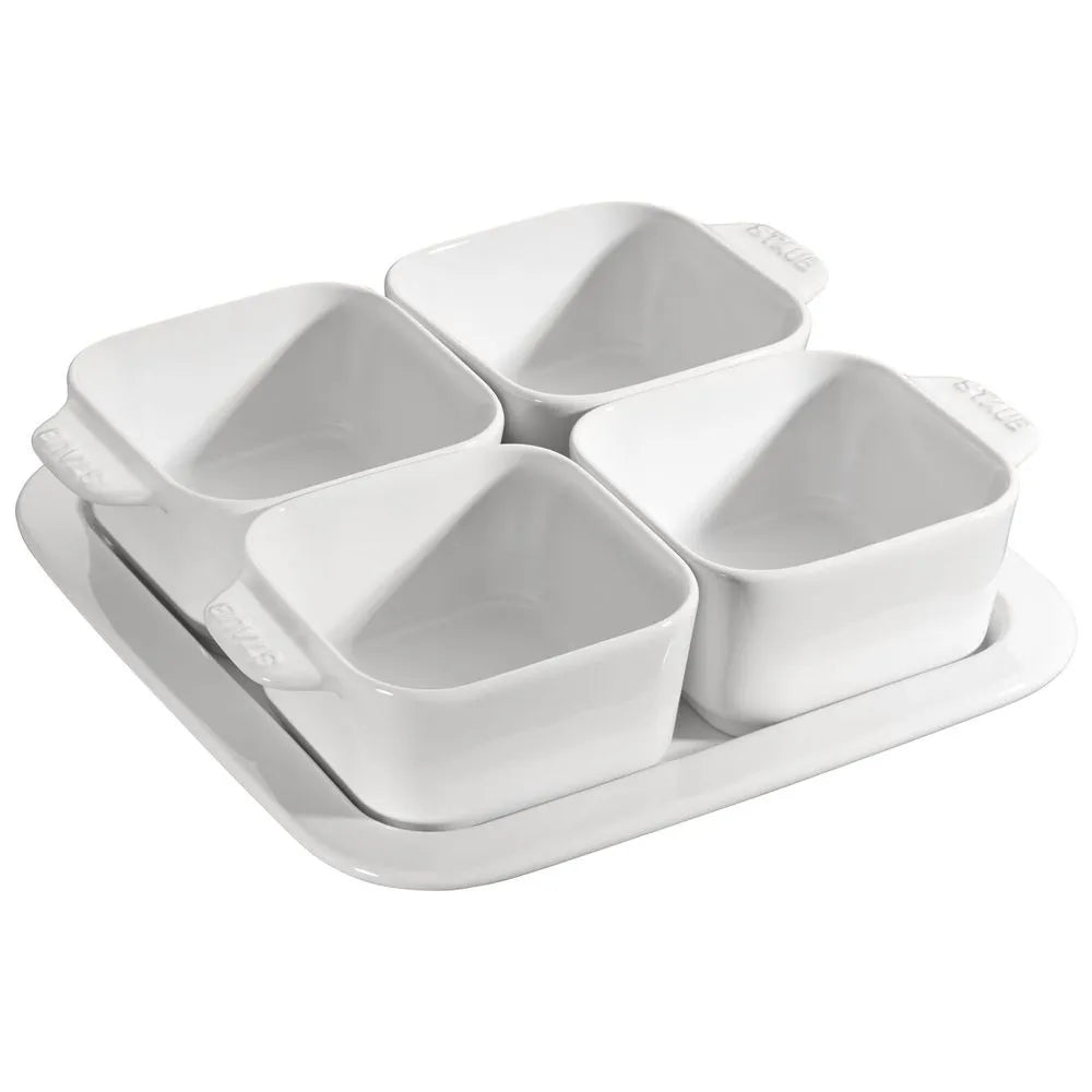 Staub Ceramic Appetizer Set of 4 Bowls with Tray, White - 19 x 19cm