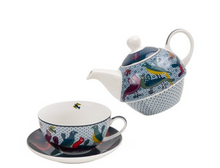 Load image into Gallery viewer, Images D&#39;orient Tea for One Set, with Infuser, Saucer &amp; Cup - Birds of Paradise, separated. 
