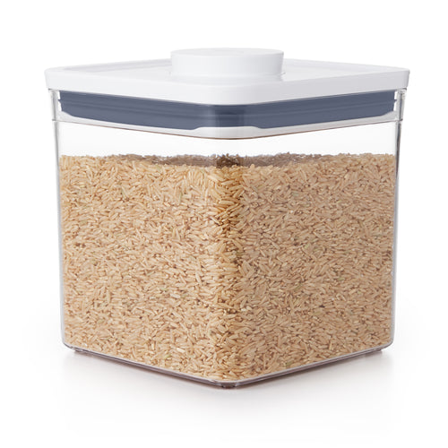 OXO Good Grips Pop Container - Big Square Short, 2650ml, filled with rice.