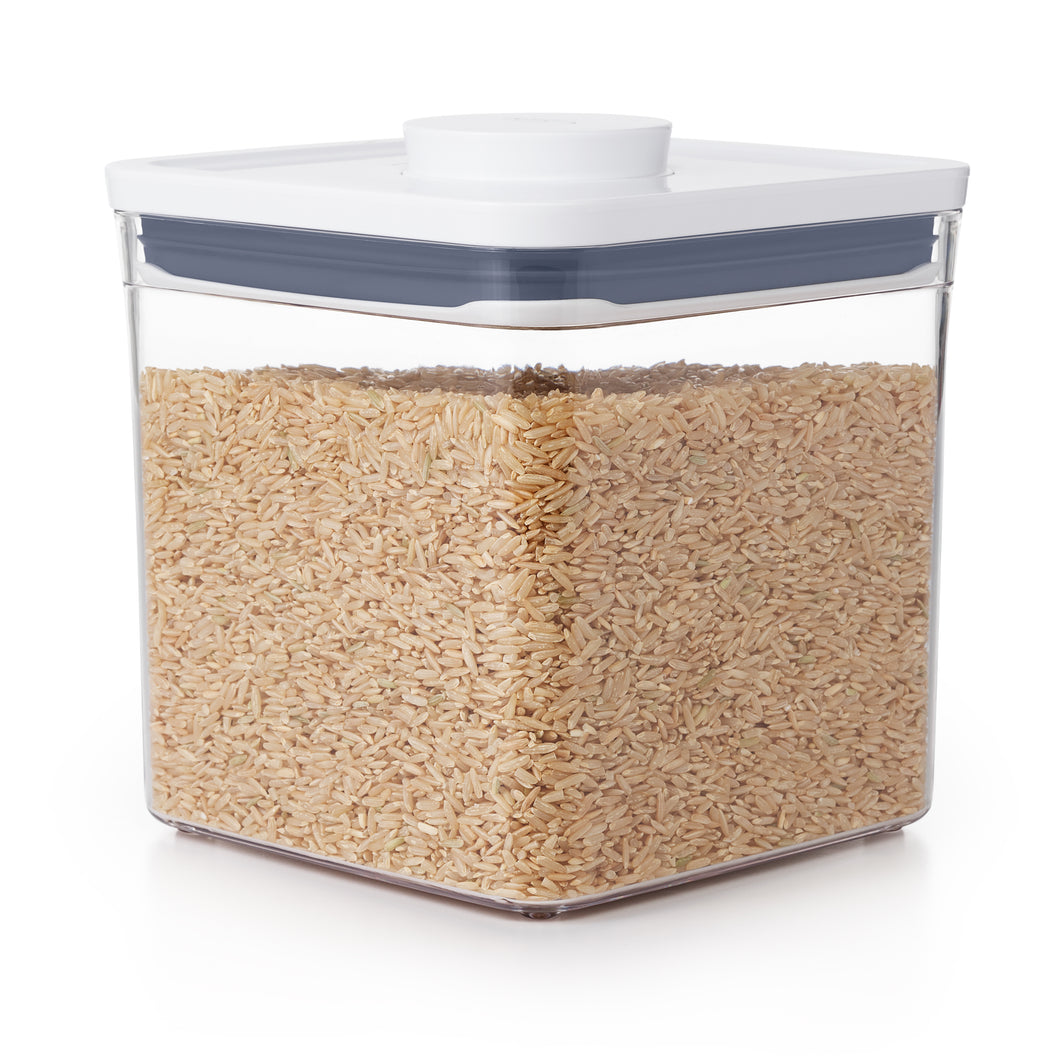 OXO Good Grips Pop Container - Big Square Short, 2650ml, filled with rice.