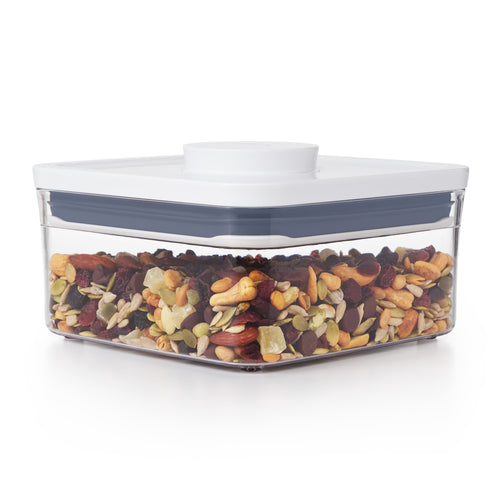 OXO Good Grips Pop Container - Big Square Mini, 1000ml, filled with nuts.