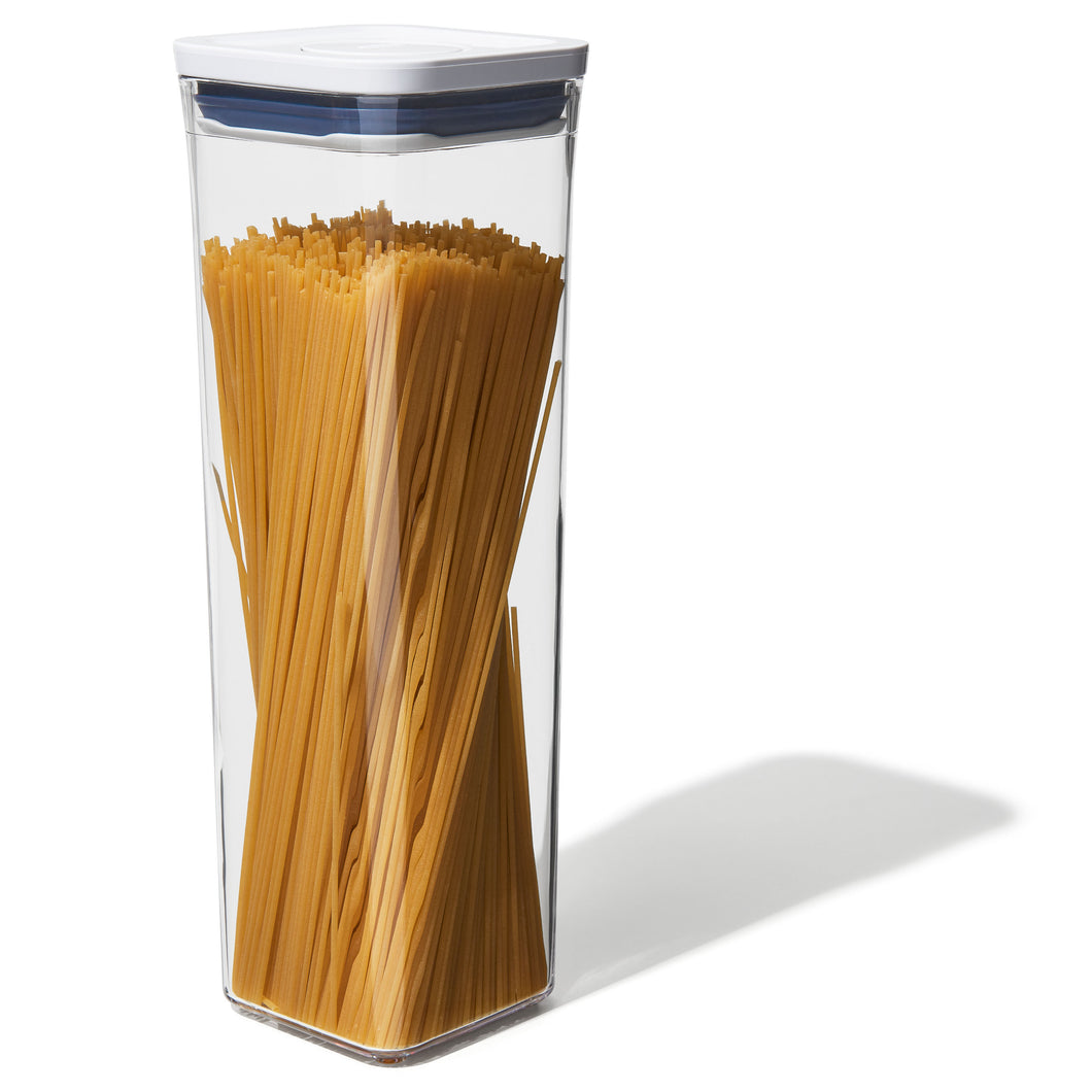 OXO Good Grips Pop Container - Small Square Tall, 2.1 Liters, filled with spaghetti.