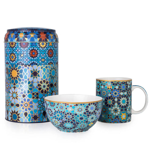 Images D'orient Large 2 Level Tin Box with 1 Mug (325ml) & 1 Bowl (12cm) -Mouchrabieh Blue.