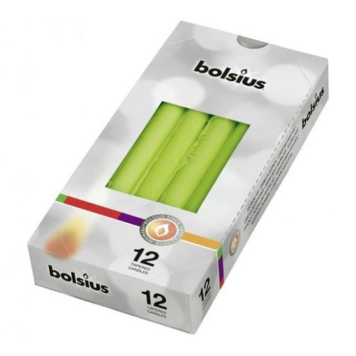 Bolsius Tapered Candles Individually Wrapped in Cello, 24.5 x 2.4cm - Lime Green, Box of 12.