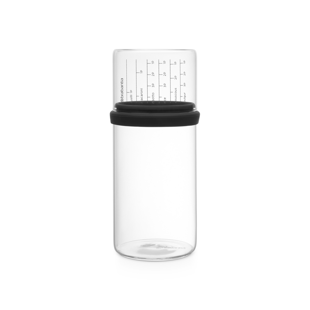 Brabantia Glass Storage Jar with Measuring Cup - 1 Liter, Dark Grey