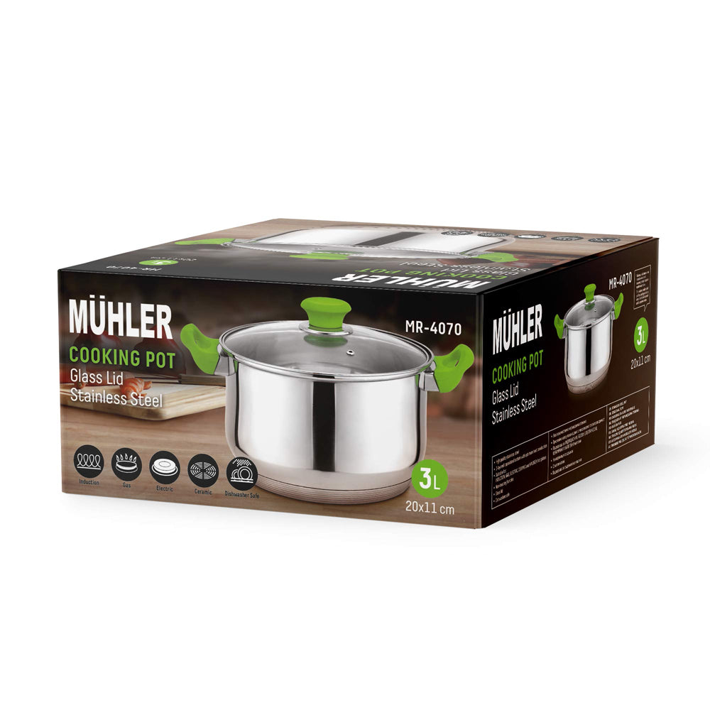 Muhler Cooking Pots with Glass Lid - Stainless Steel, Available in Several Sizes