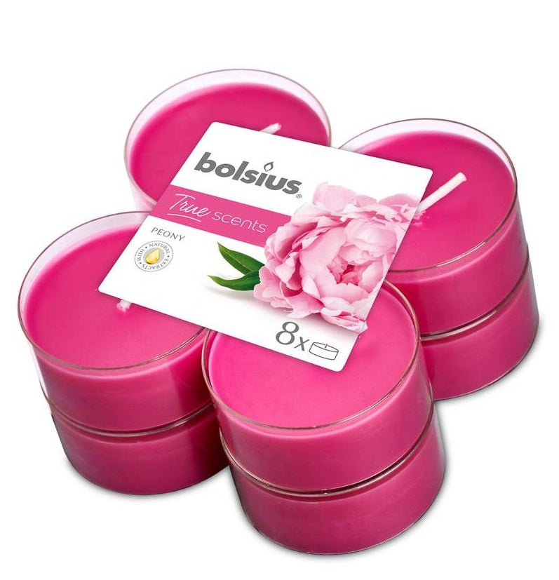 Bolsius True Scents Peony Maxi-Light Candles with Clear Cups, Scented - Pack of 8