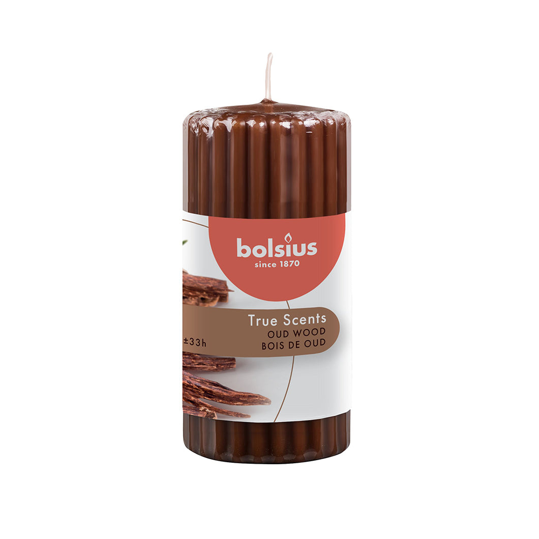 Bolsius True Scents Oud Wood Ribbed Pillar Candle 120/58mm, Scented