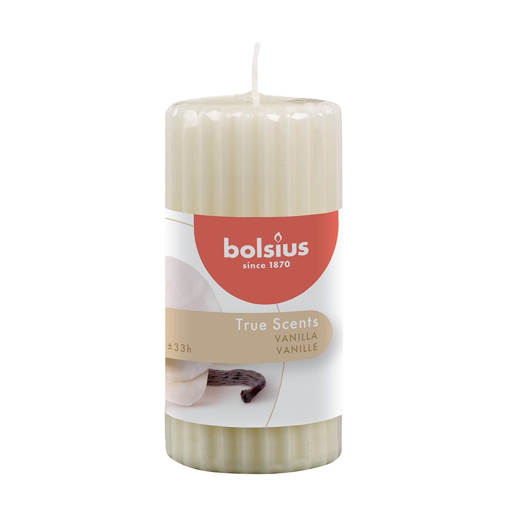 Bolsius True Scents Vanilla Ribbed Pillar Candle 120/58mm, Scented