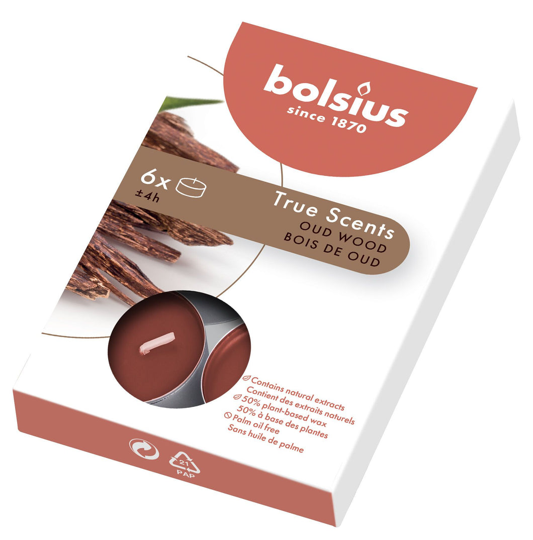Bolsius True Scents Oud Wood Tealight Candles, Scented - Pack of 6