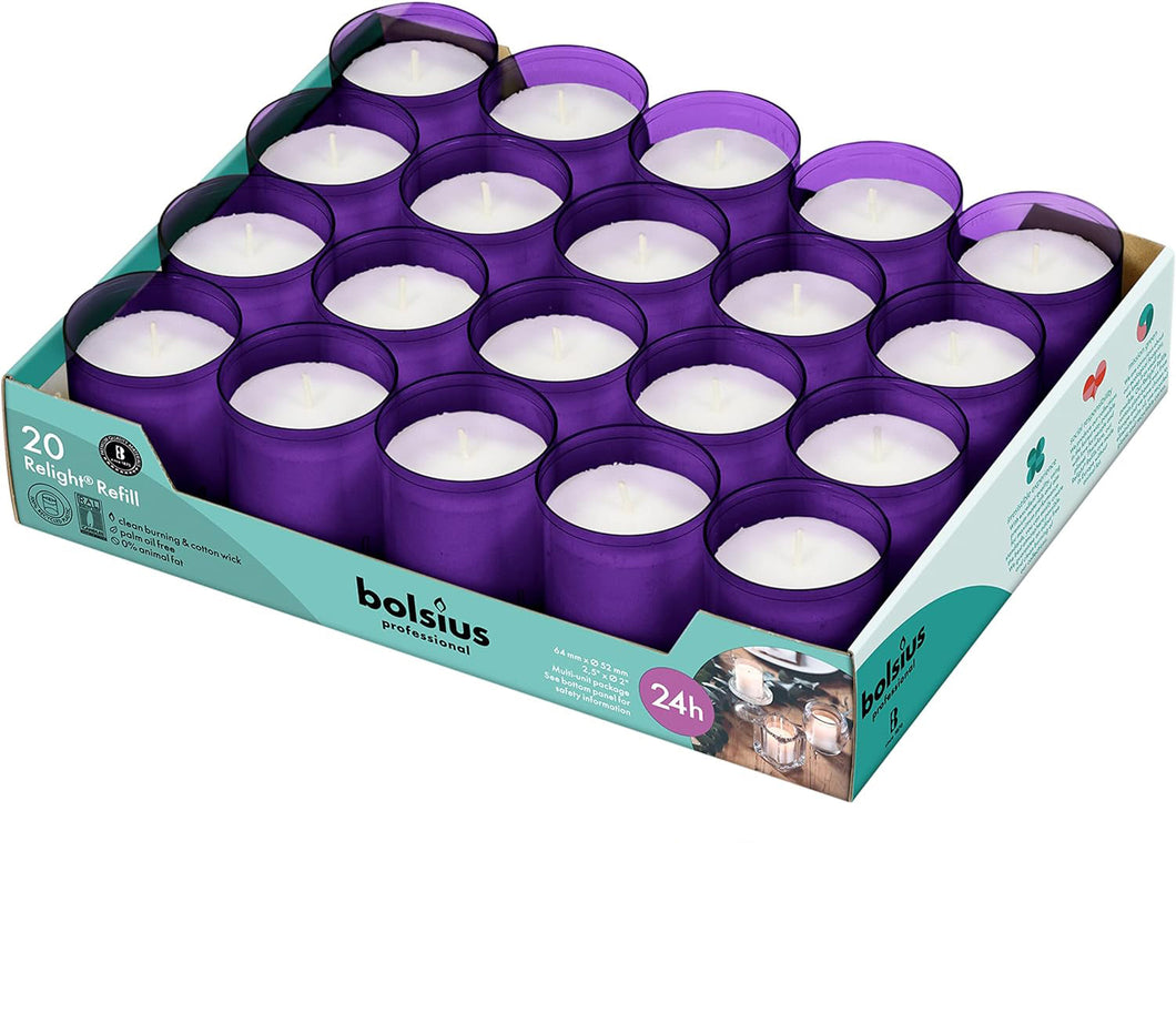 Bolsius Relight Refills / Votive Candles, 64/52mm, Tray of 20 Candles - Purple