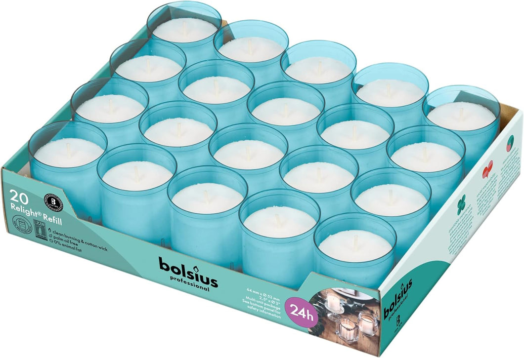 Bolsius Relight Refills / Votive Candles, 64/52mm, Tray of 20 Candles - Aqua