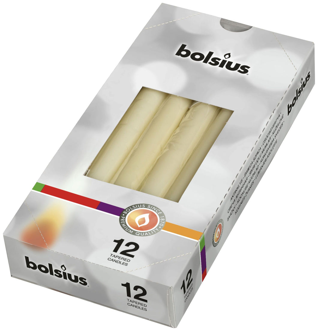 Bolsius Tapered Candles Individually Wrapped in Cello, 24.5 x 2.4cm - Ivory, per Piece or Box of 12