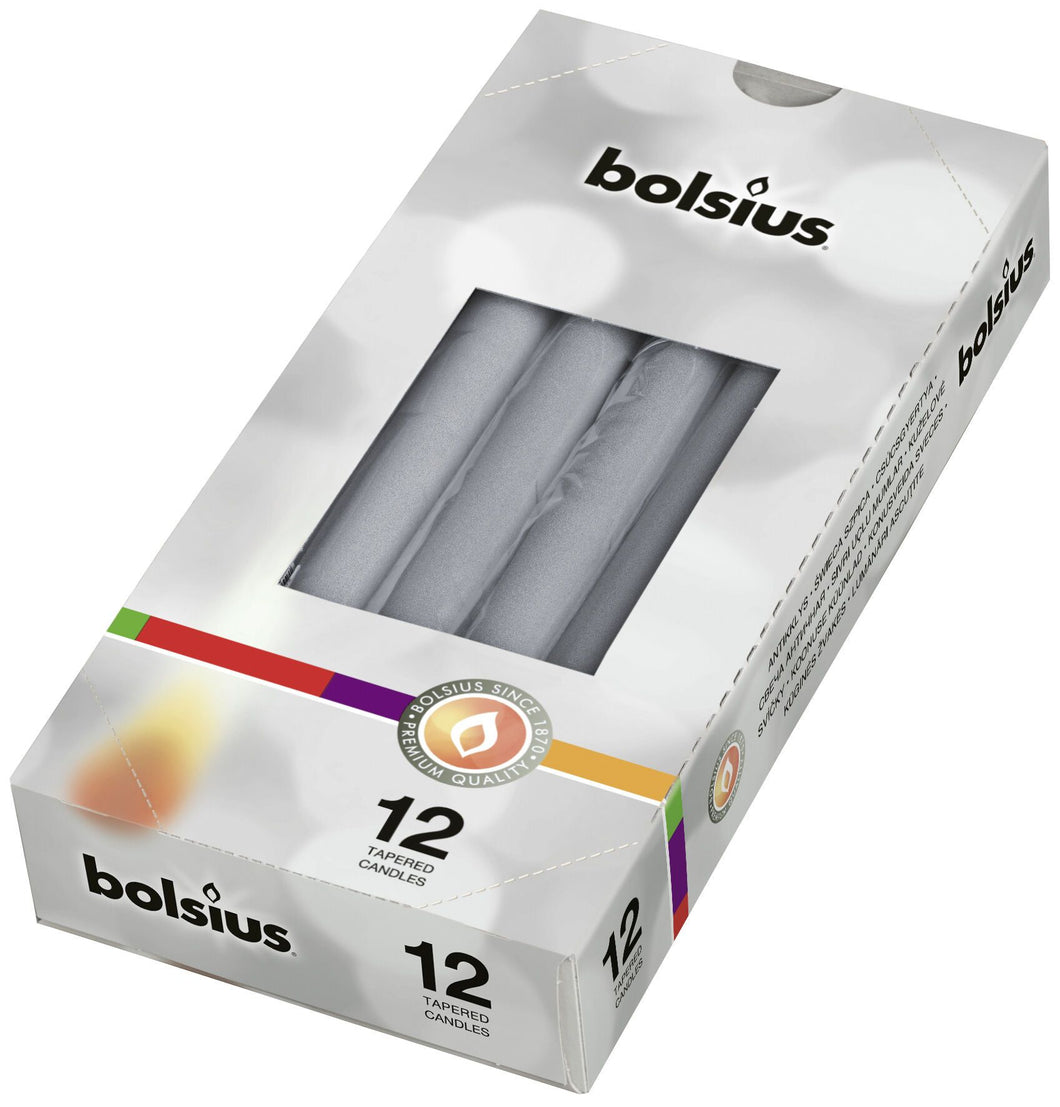 Bolsius Tapered Candles Individually Wrapped in Cello, 24.5 x 2.4cm  - Silver, per Piece or Box of 12