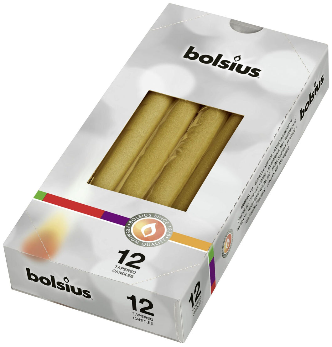 Bolsius Tapered Candles Individually Wrapped in Cello, 24.5 x 2.4cm - Gold, per Piece or Box of 12