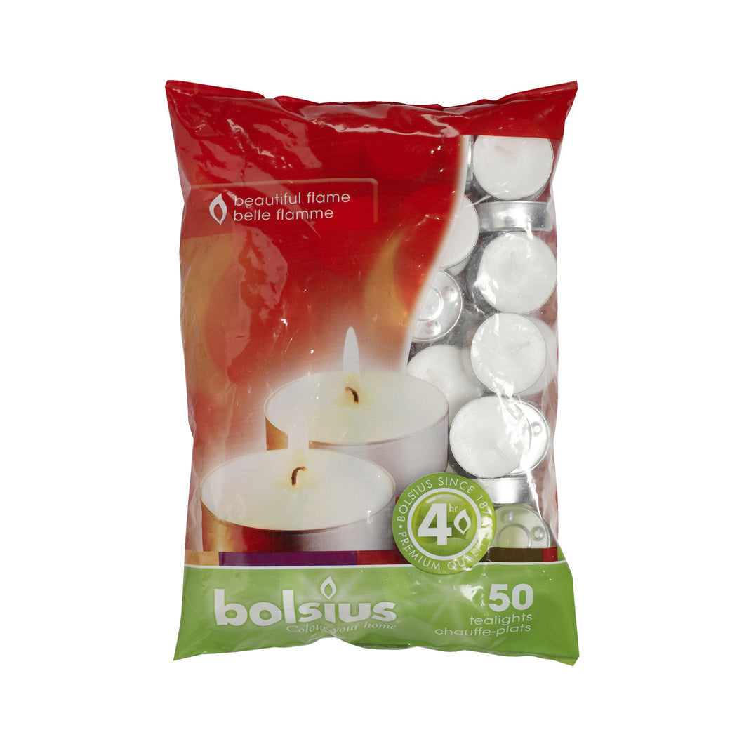 Bolsius Bag of 50 Tealight Candles, 4-hour Burn Time