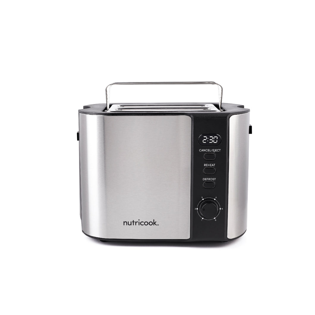 Nutricook Digital 2-Slice Toaster with LED Display, Stainless Steel Toaster with 2 Long & Extra Wide Slots, 6 Toasting Levels, Defrost|Reheat|Cancel, Removable Crumb Tray - 800W