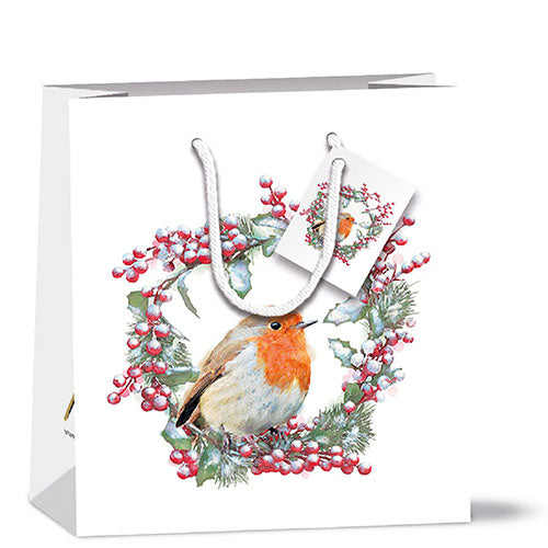 Ambiente Gift Bag Robin in Wreath - 22x13x25cm