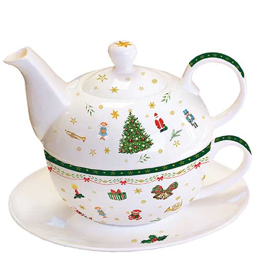 Ambiente Porcelain 3-Piece Tea for One Stackable Set Christmas Evergreen White