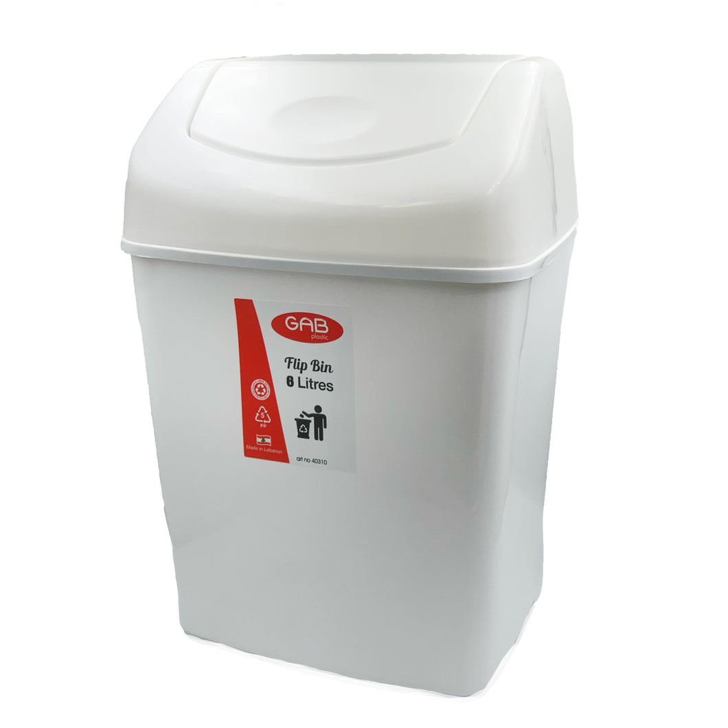 Gab Plastic Waste Bin with Swinging Lid - 8 Liters, White
