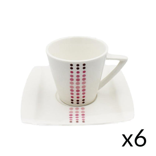 Topps Set of 6 Coffee Cups & Saucers - 60cc, White , with Pink & Purple Design