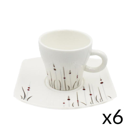 Topps Set of 6 Coffee Cups & Saucers -100cc, White with Grey & Red Design