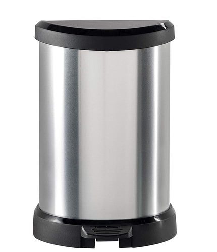 Curver Deco D-Shaped Pedal Bin with Inner Bucket - 20 Liters, Black & Silver