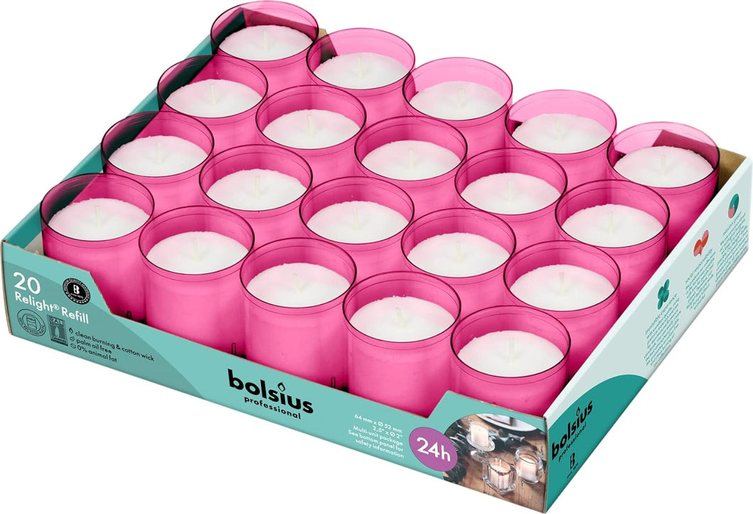 Bolsius Relight Refills / Votive Candles, 64/52mm, Tray of 20 Candles - Fuchia