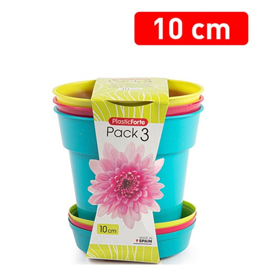 Plastic Forte Pack of 3 Flower Planters with Saucer, 11cm