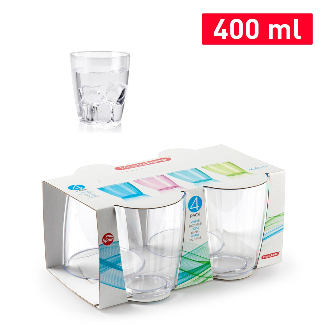 Plastic Forte Pack of 4 Reusable Water Cups- 400ml, Transparent