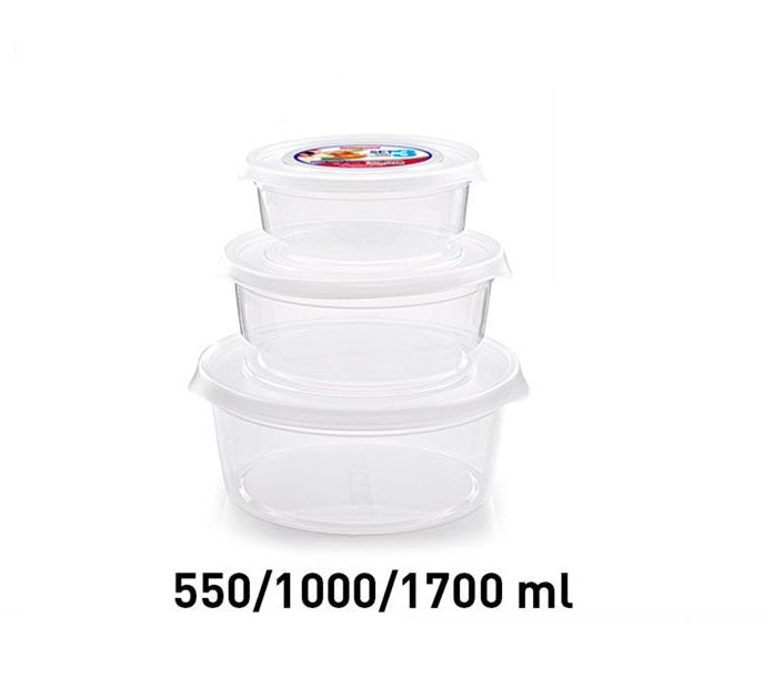 Plastic Forte Set of 3 Round Food Containers 550ml, 1000ml & 1700ml, Transparent