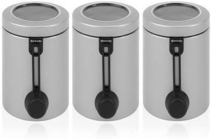 Brabantia Window Lid Food Cansiters with Magnetic Measuring Spoons, Set of 3 - 1.3L - Matt Steel