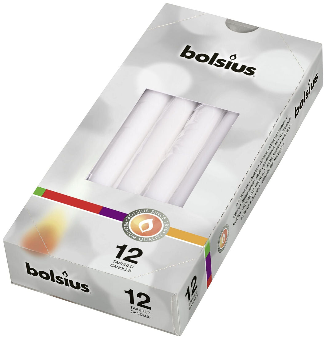 Bolsius Tapered Candles Individually Wrapped in Cello, 24.5 x 2.4cm - White, per Piece or Box of 12