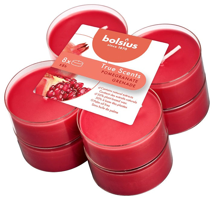 Bolsius True Scents Pomegranate Maxi-Light Candles with Clear Cups, Scented - Pack of 8