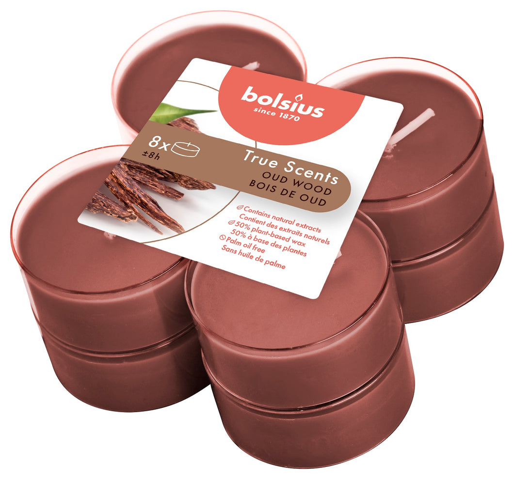 Bolsius True Scents Oud Wood Maxi-Light Candles with Clear Cups, Scented - Pack of 8