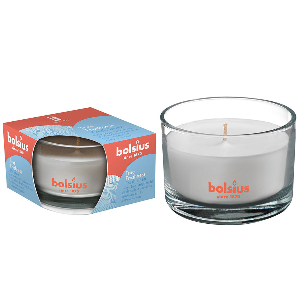 Bolsius True Freshness Anti-Tobacco Candle in Glass, Fresh Linen- 50/80mm