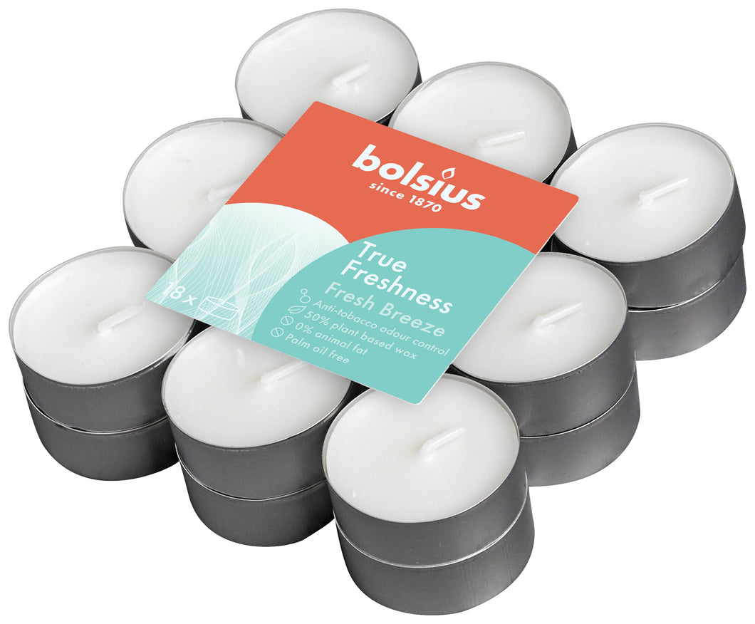 Bolsius True Freshness Anti-Tobacco Tealight Candles, Fresh Breeze - Pack of 18