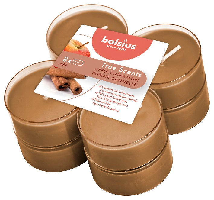 Bolsius True Scents Apple Cinnamon Maxi-Light Candles with Clear Cups, Scented - Pack of 8
