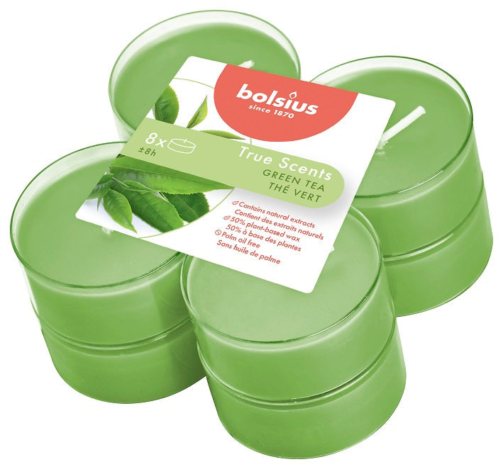 Bolsius True Scents Green Tea Maxi-Light Candles with Clear Cups, Scented - Pack of 8